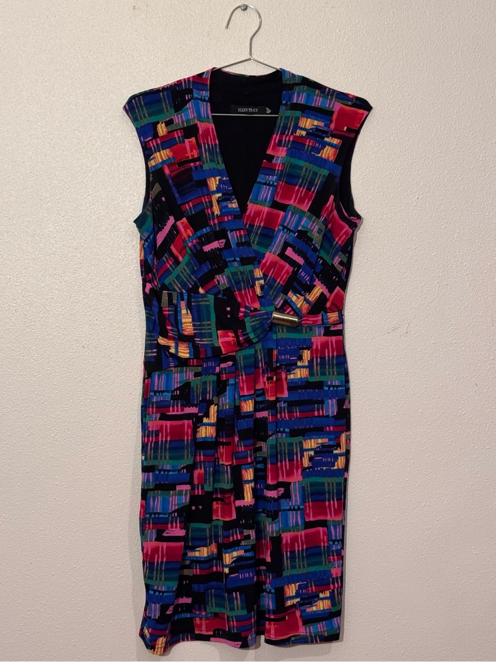 Vintage 90s Ellen Tracy Abstract Print Sheath Dress | Colorblock Midi Dress